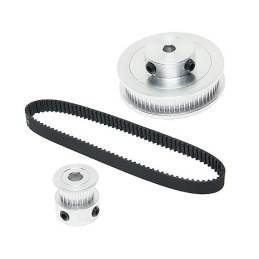 Set of 1 aluminium timing pulley 2GT 20 and 60 teeth 6.35 mm bore with 1 belts length 200 mm width 6 mm (20-60T-6,35B-6)